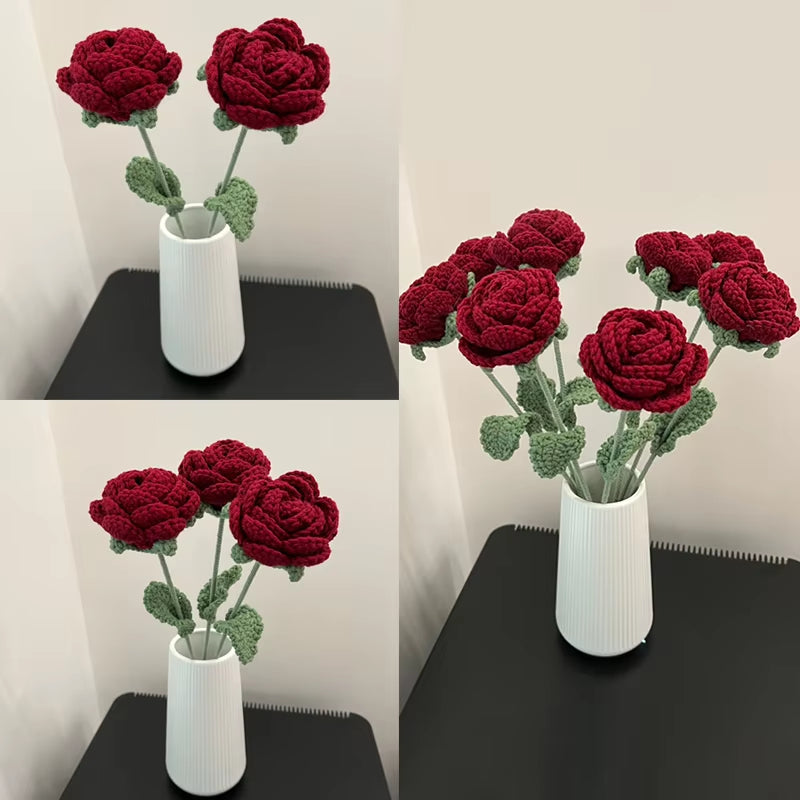 1PC Modern Elegance Simulation Flower Home Decoration Dining Table Knitted Rose Single Bouquet Wedding Artificial Flower